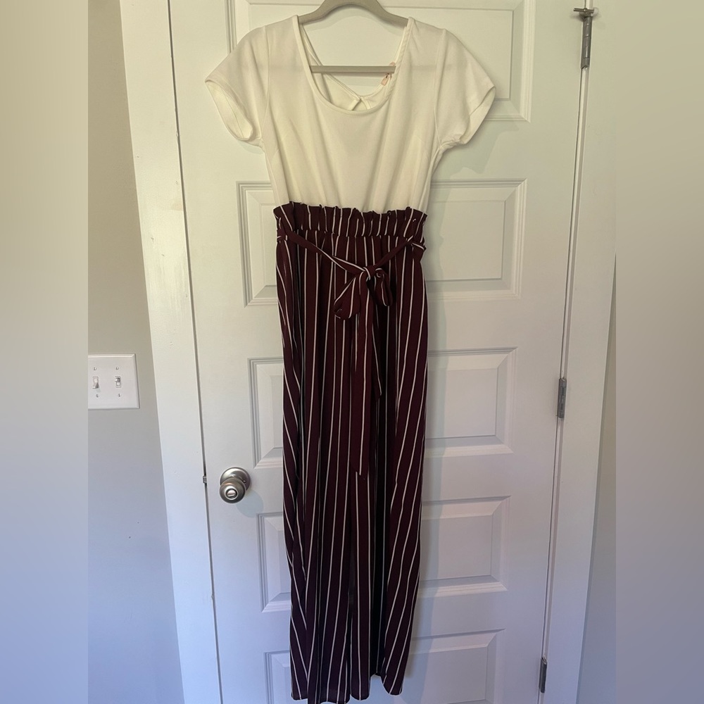 Mi Ami- Burgundy Striped Jumpsuit- Size Large
